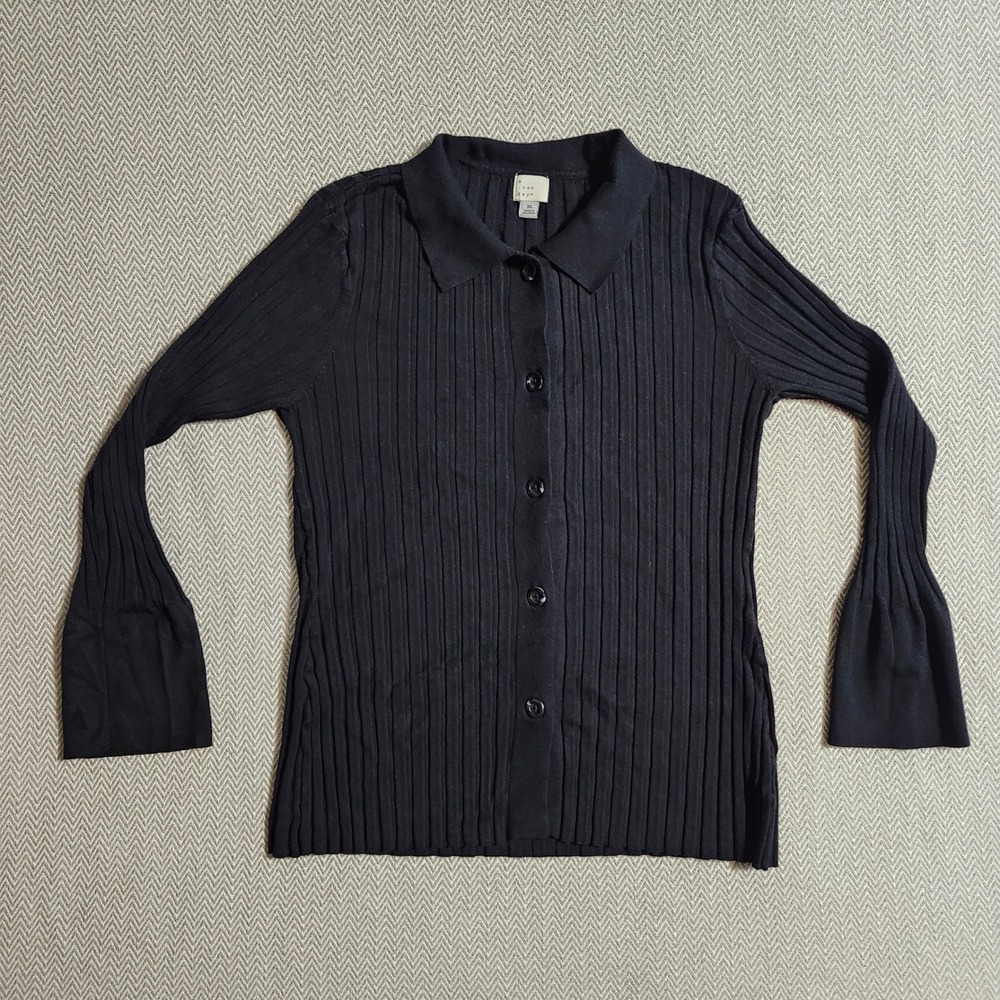 A New Day Womens XL Ribbed Button Down Cardigan Sweater Collared Flare Sleeve
